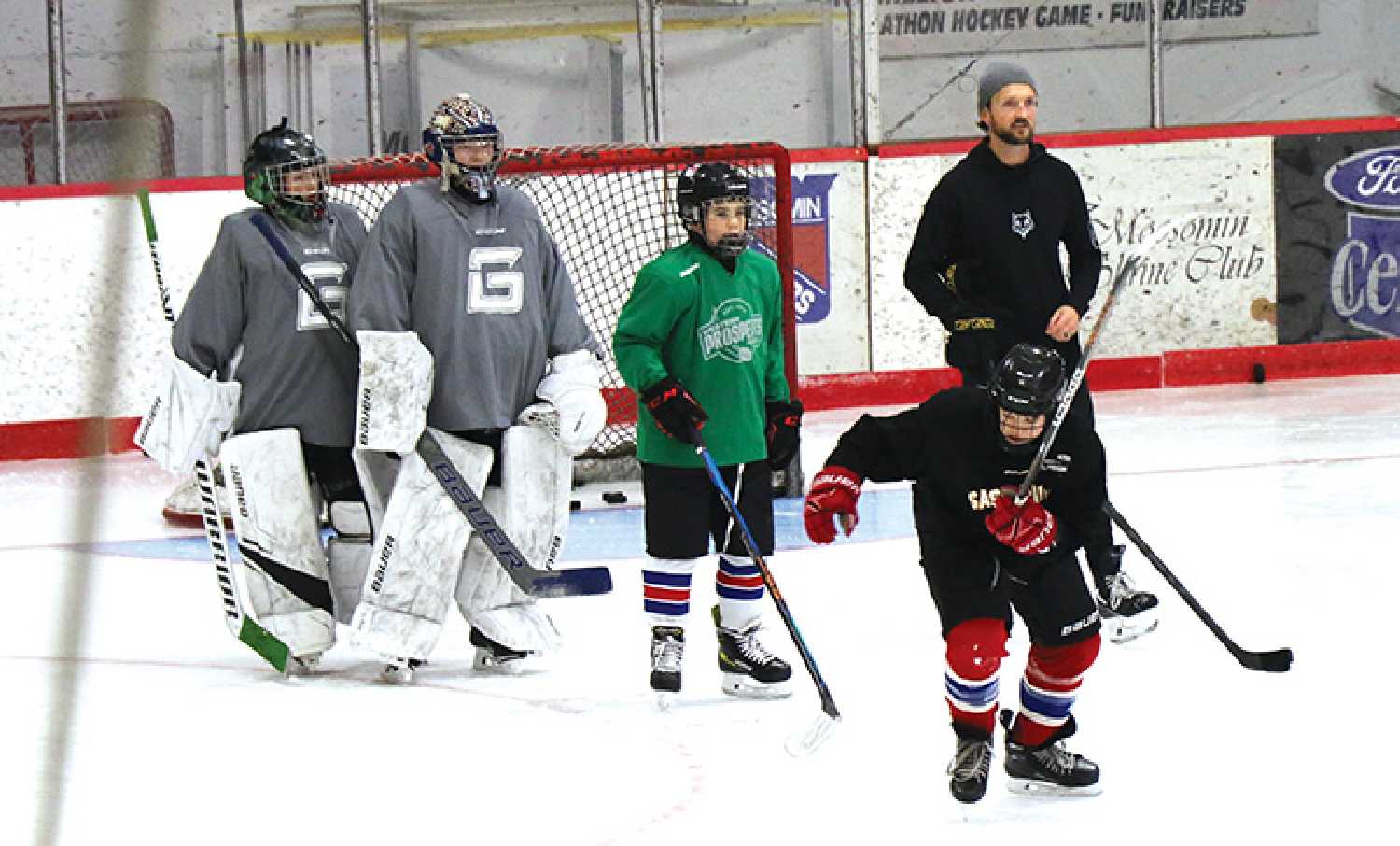 Young skaters in on-ice sessions at the Adam Herold Leadership Camp in Moosomin on Saturday, October 21.
